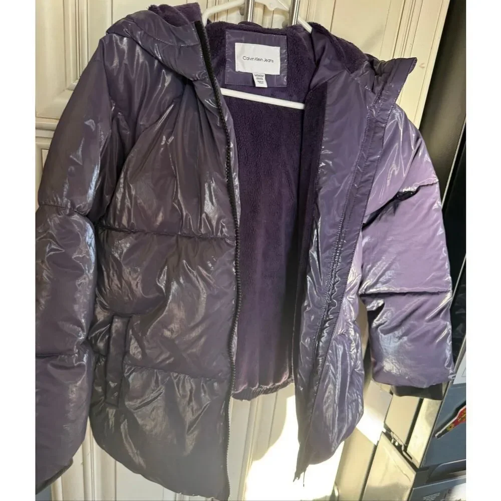 Calvin Klein Girls Plush Lined Liquid Shine Puffer Jacket Purple Medium NWT